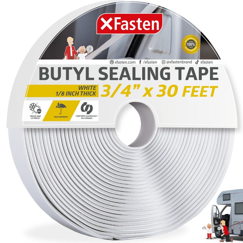 XFasten Butyl Sealing Tape, White, 1/8-In x 3/4-In x 30-Foot Plumbers Putty Tape, RV and Boat Sealant - Image 1